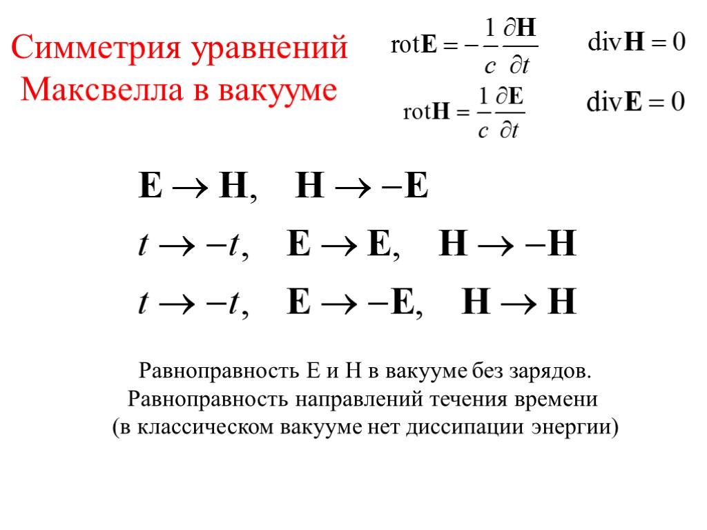 Симметрия уравнений Максвелла в вакууме Равноправность Е и Н в вакууме без зарядов. Равноправность